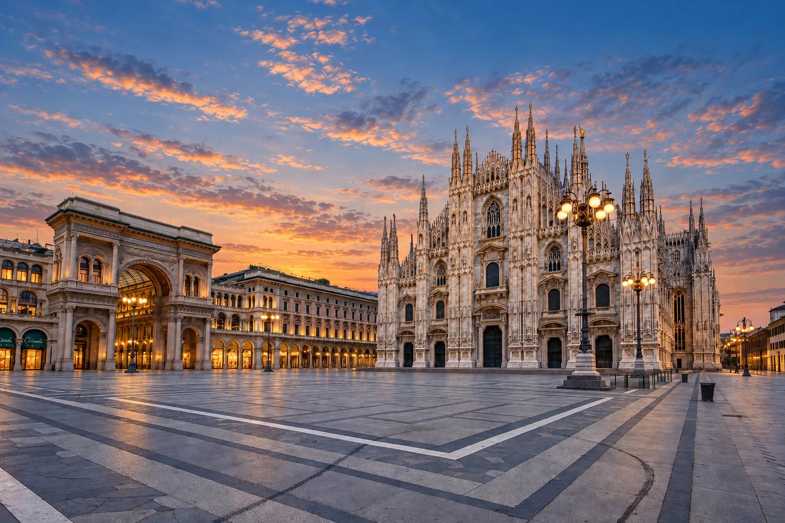 AI-edited view of an empty Piazza del Duomo in soft blue and copper dawn light