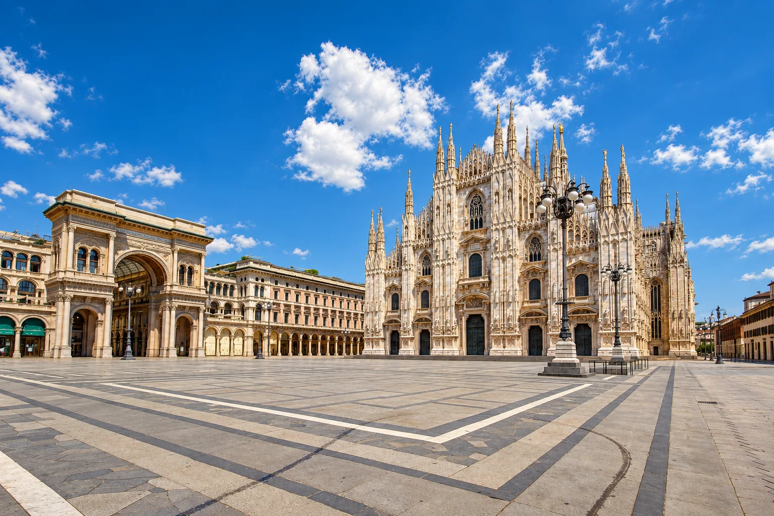 AI-edited view of an empty Piazza del Duomo in daylight beneath a blue sky