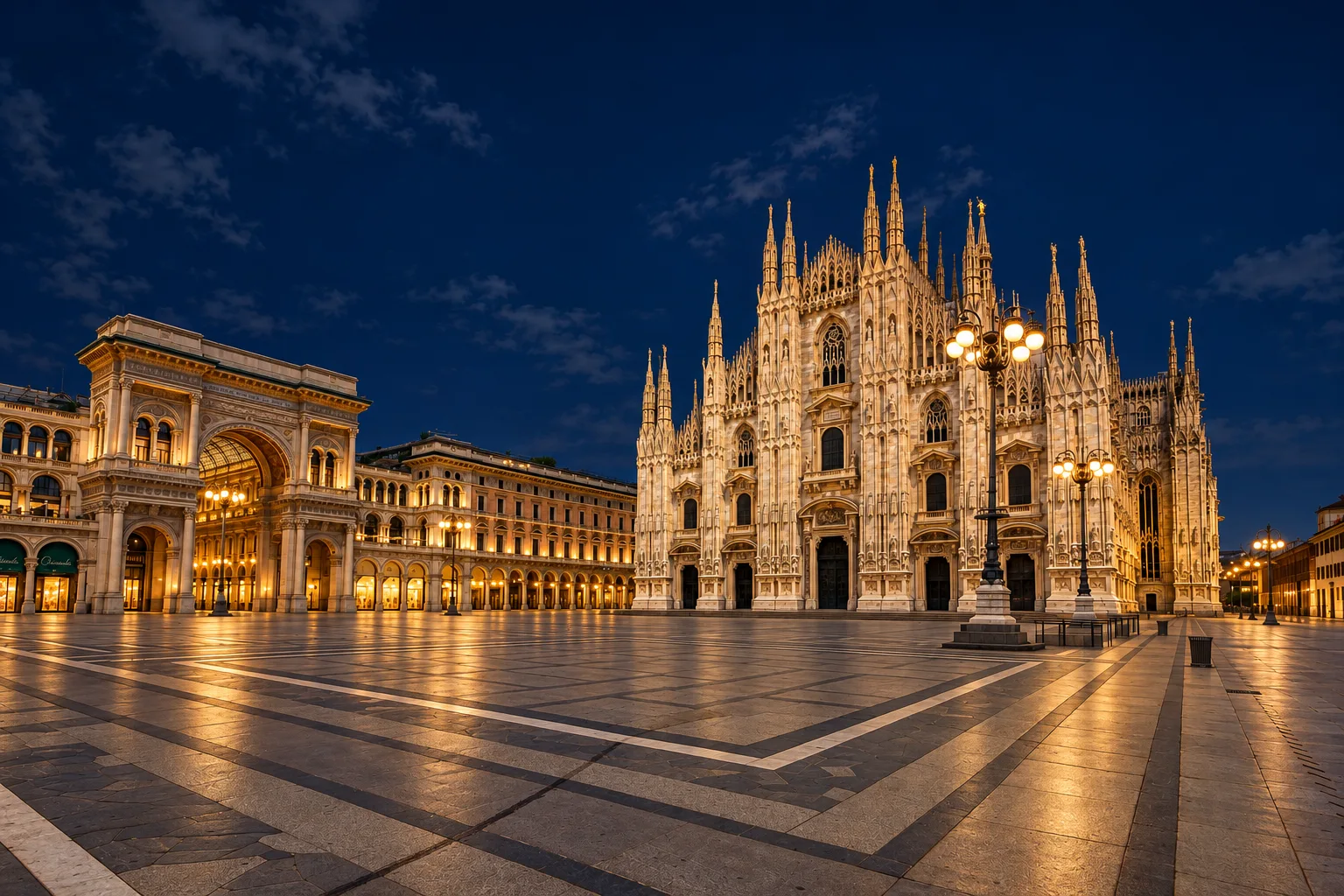 AI-edited view of an empty Piazza del Duomo at night with a navy sky and warm architectural lighting