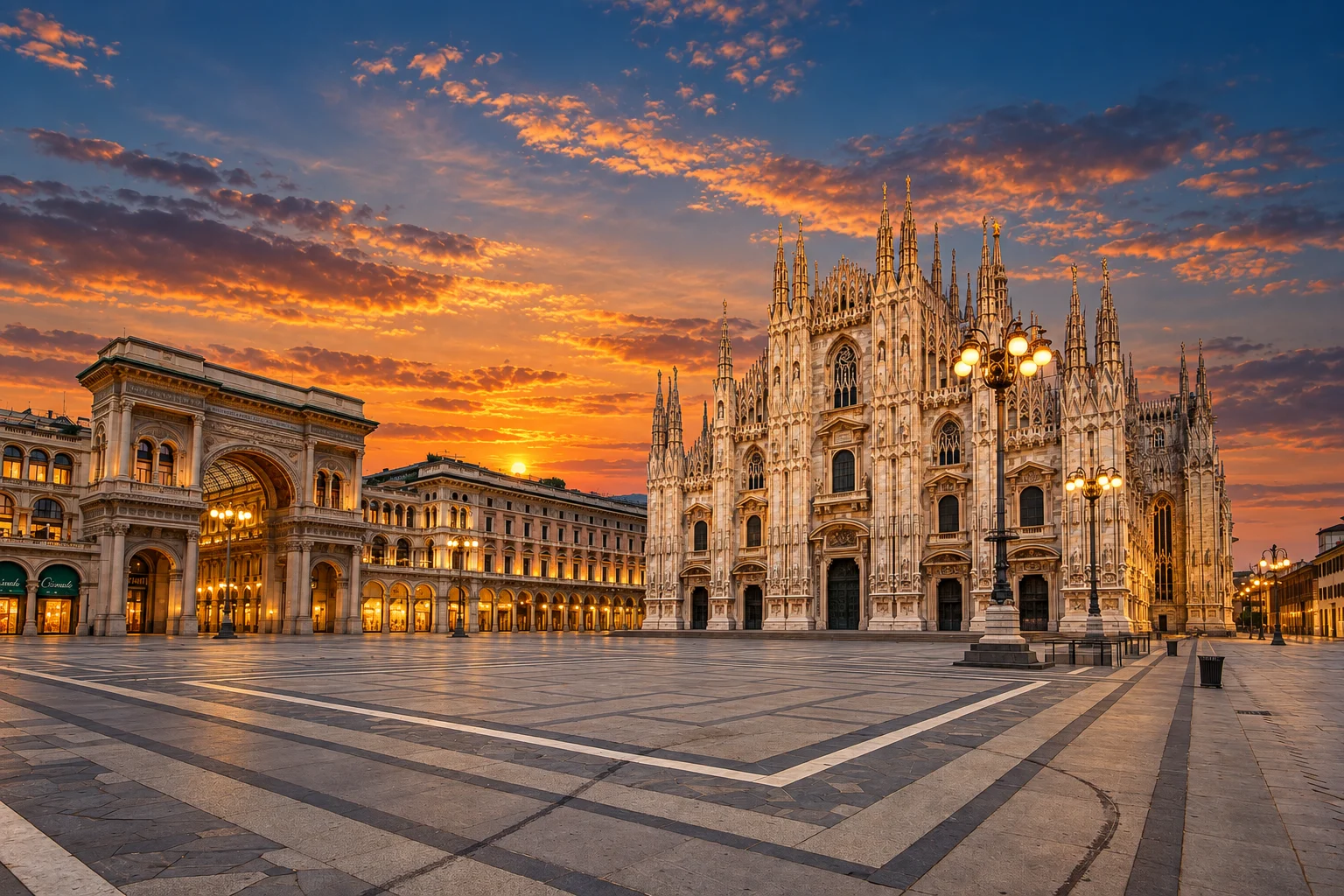 AI-edited view of an empty Piazza del Duomo at sunset